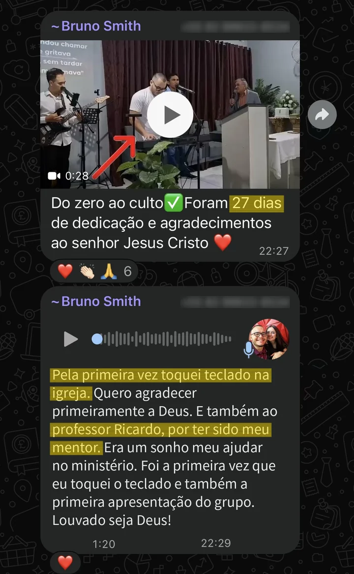 Print de WhatsApp do aluno Bruno contando que tocou teclado na igreja pela primeira vez