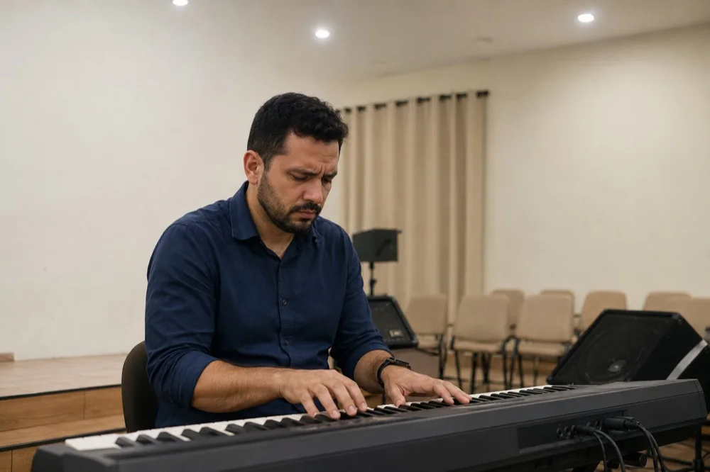 Pessoa sozinha no templo vazio, com o olhar preso nas teclas do teclado